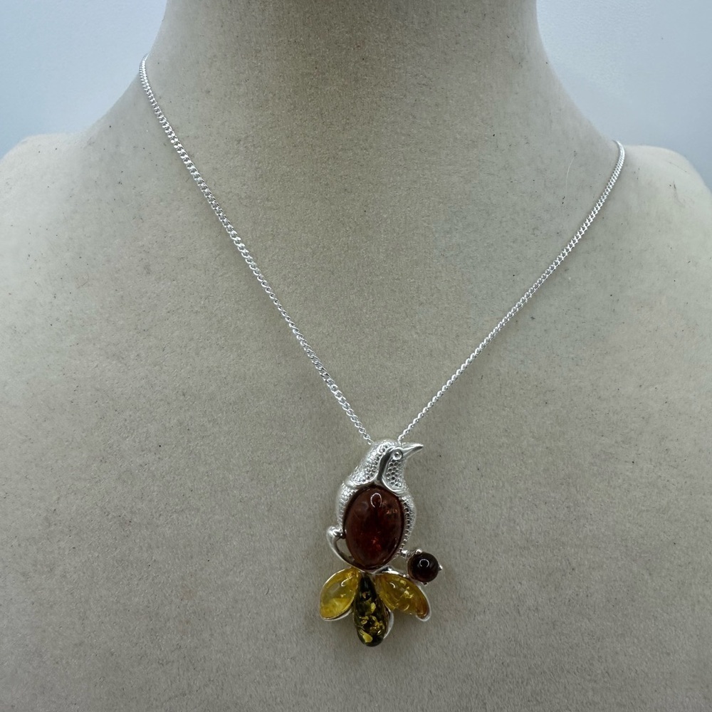 Multi Color Amber and Silver Bird Pendant on Silver Chain - Picture 3 of 9